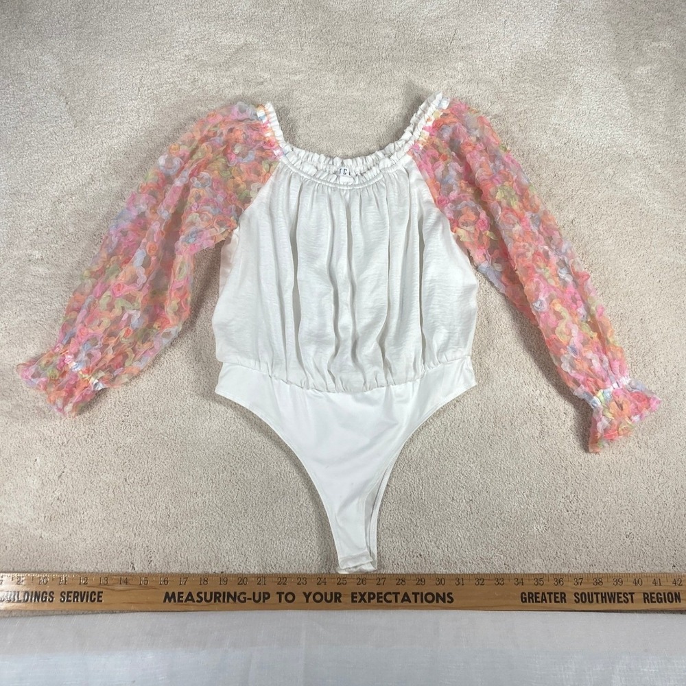 TCEC Womens White Bodysuit Floral 3D Applique Mesh Long Sleeve CT8229 Large